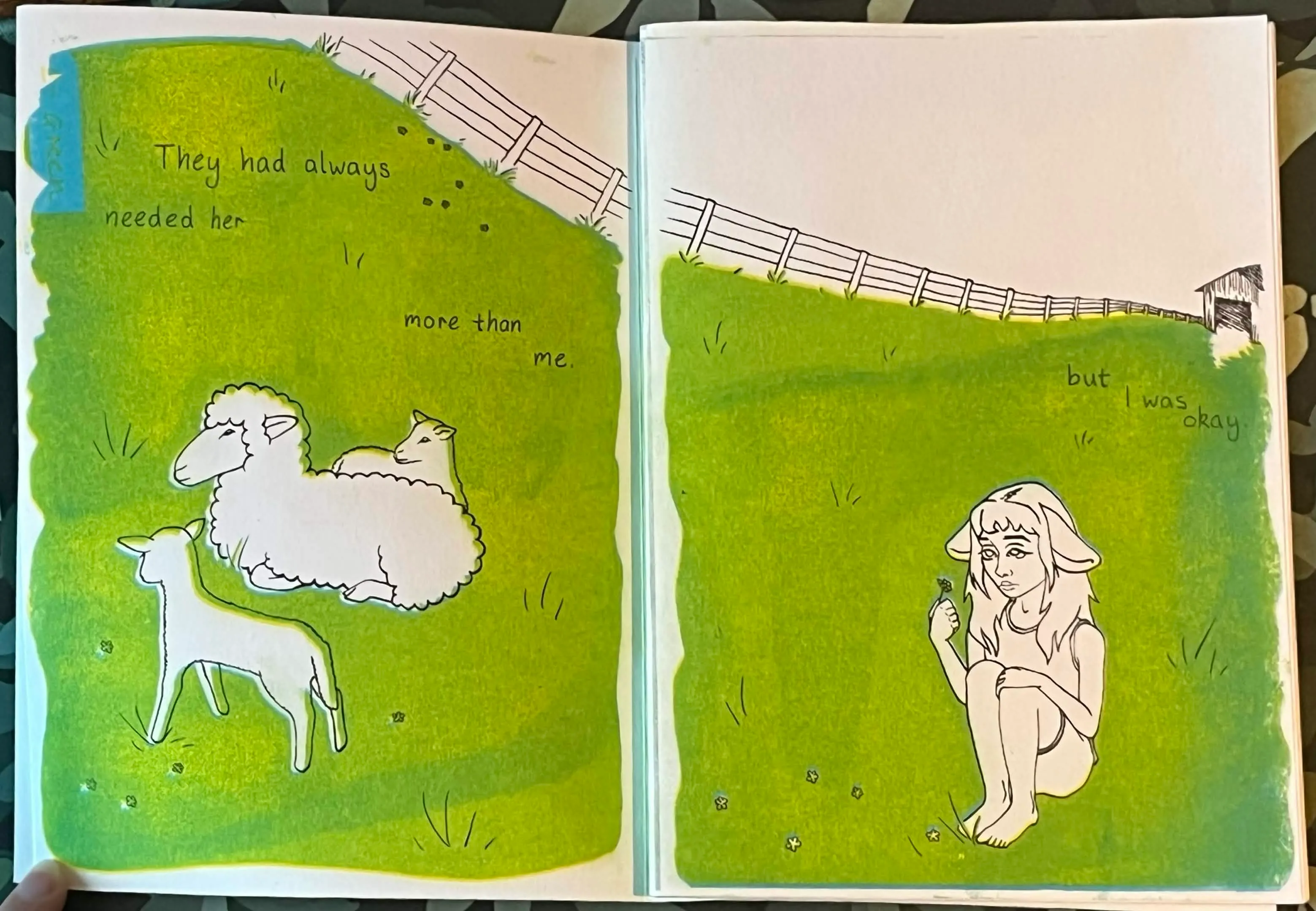 Pages 3 and 4 Black Sheep, showing sheep in a field with the text 'They always needed her more than me on the first page'. And a girl with sheep ears sitting alone with text 'but I was okay'
