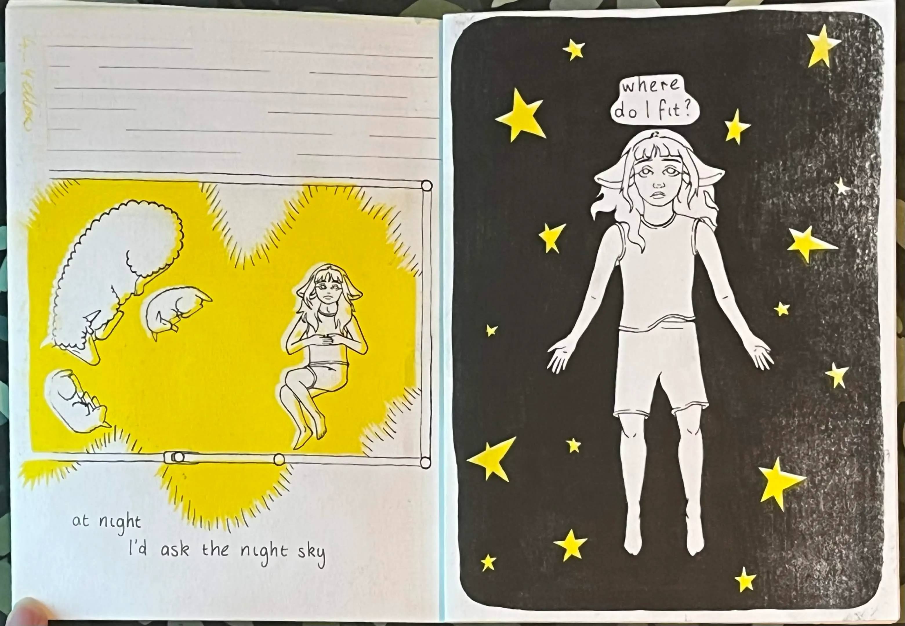 Pages 5 and 6 Black Sheep, showing the sheep girl lying in a pen away from the other sheep with the text 'at night. I'd ask the night sky.' on the first page. And her lying in space with the stars with text 'Where do I fit?' in the second page