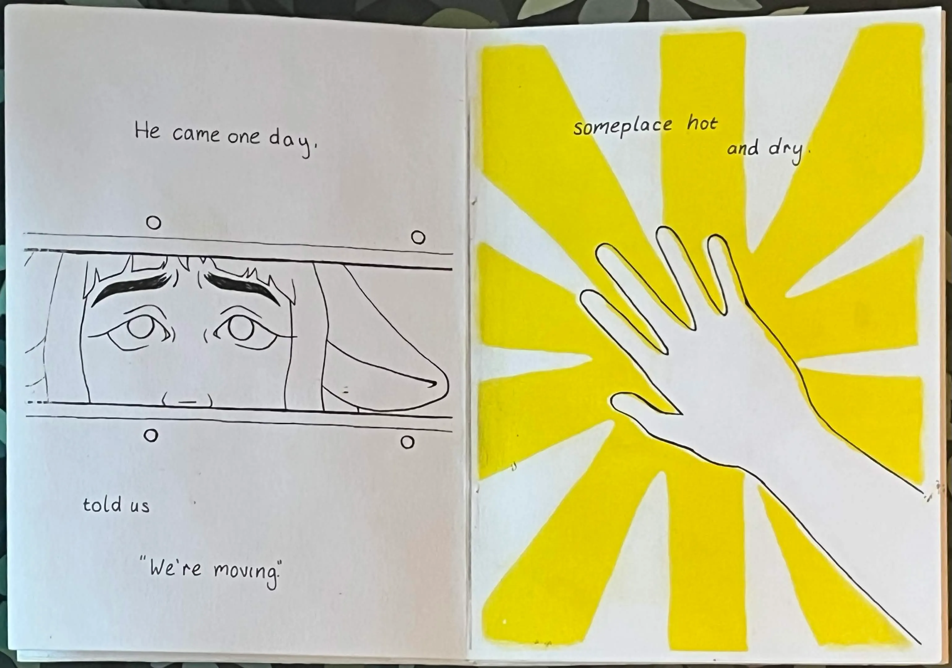 Pages 7 and 8 Black Sheep, showing the sheep girl peeking through the ga in a crate with text 'He came one day. Told use we're moving' on the first page. And a hand in front of bright sunbeams with text 'Someplace hot and dry' on the second