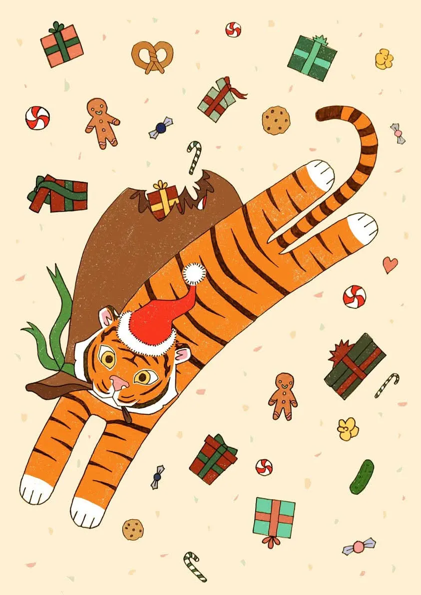 A tiger with a santa hat holding a sack of presents in its mouth that is spilling toys and gifts through a hole in it