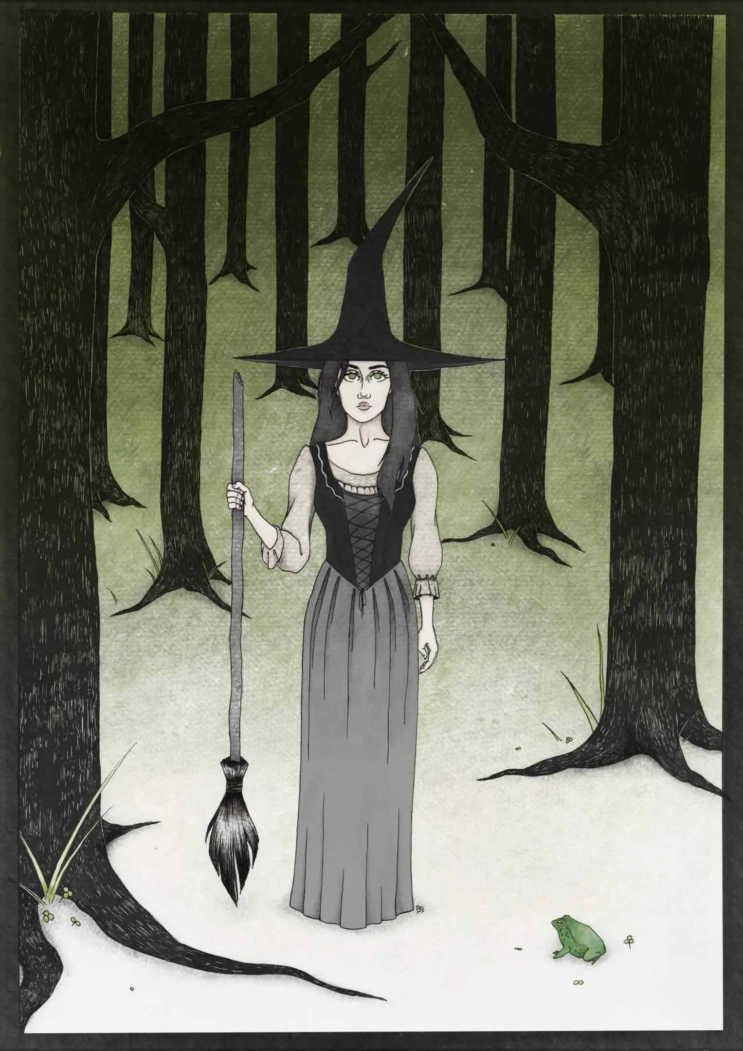 A witch with a pointed hat and broom standing in a forest next to a toad